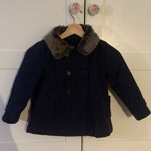Stylish Polka Dot Navy Pea Coat with Faux Fur Collar French Brand